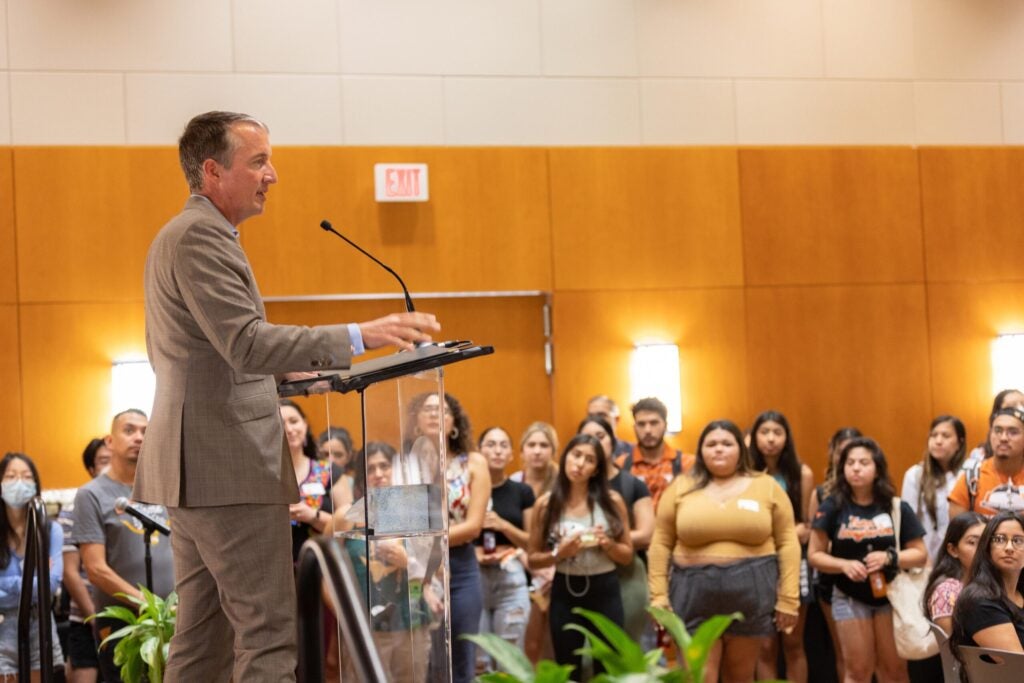 Jay Hartzell speaking at the UT HSI Student Reception